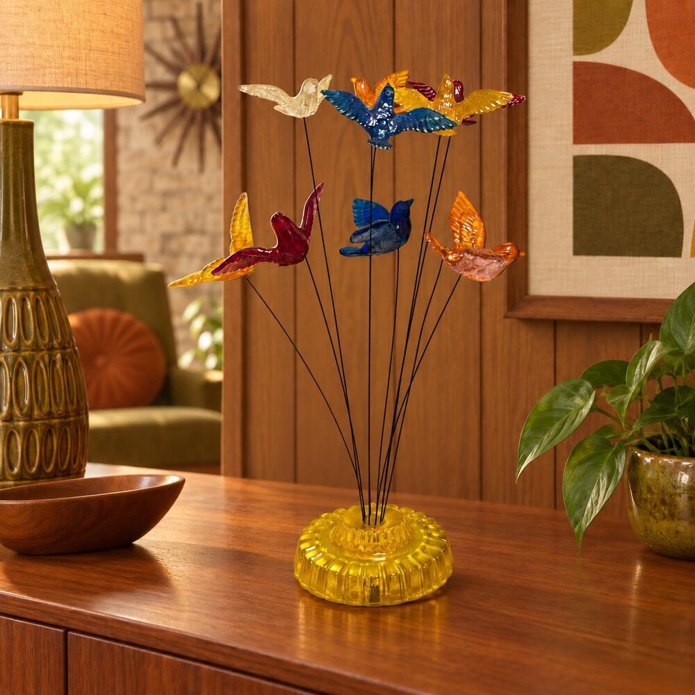 1969 New Designs Inc MCM Kinetic Bird Sculpture Acrylic Wire Mobile Vintage